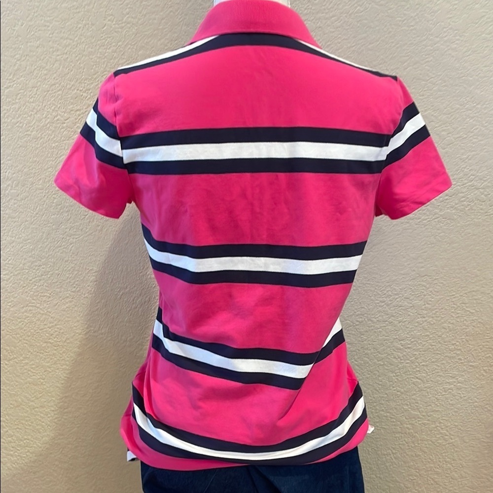 New Tommy Hilfiger Women's Pink/Navy Striped Polo Shirt - Picture 4 of 5